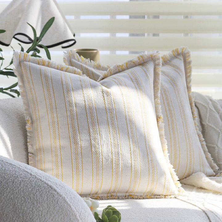 Square decorative cushion cover in linen-cotton blend with fine stripes and decorative fringed edge Kalsten
