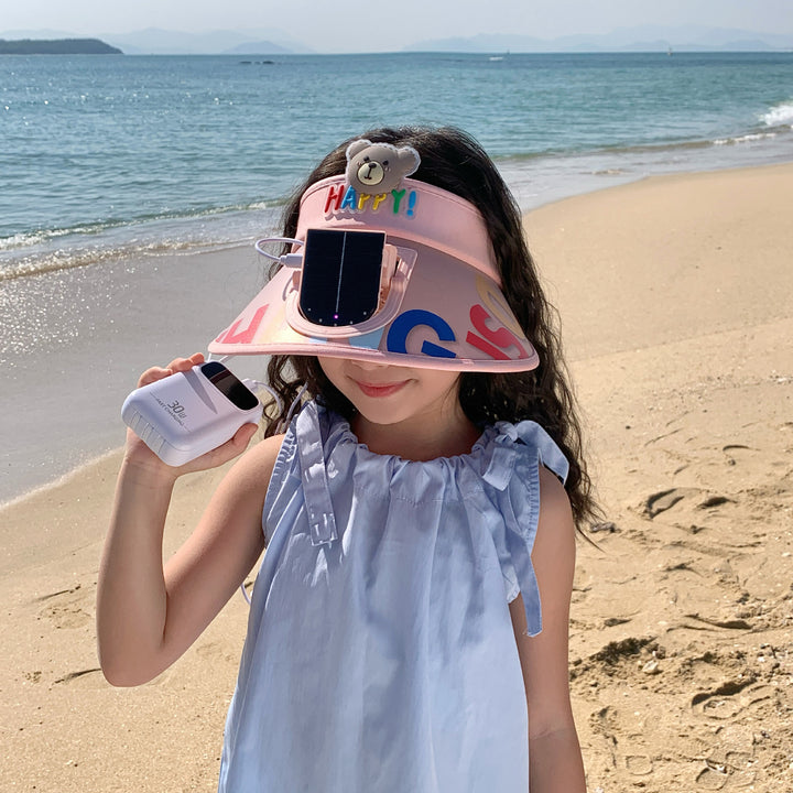 Adjustable children sun visor with integrated mini fan and extra wide brim Kalsten