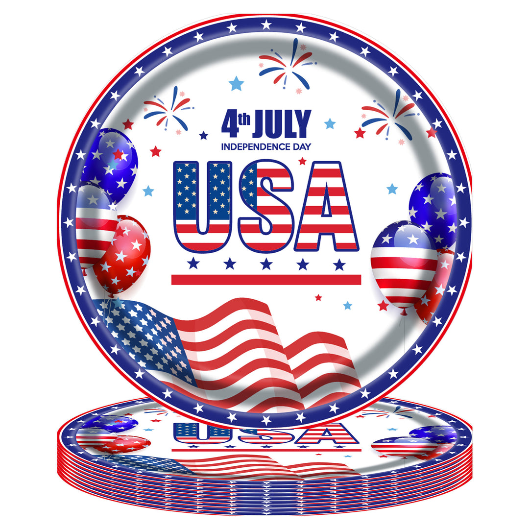 Unisex disposable paper plate with patriotic Statue of Liberty and stars and stripes design, sturdy wide rim Kalsten
