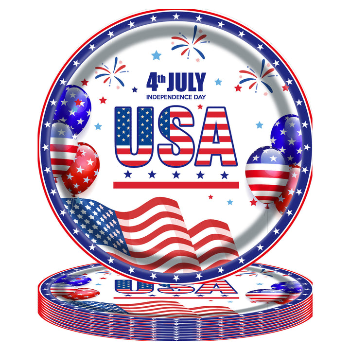Unisex disposable paper plate with patriotic Statue of Liberty and stars and stripes design, sturdy wide rim Kalsten