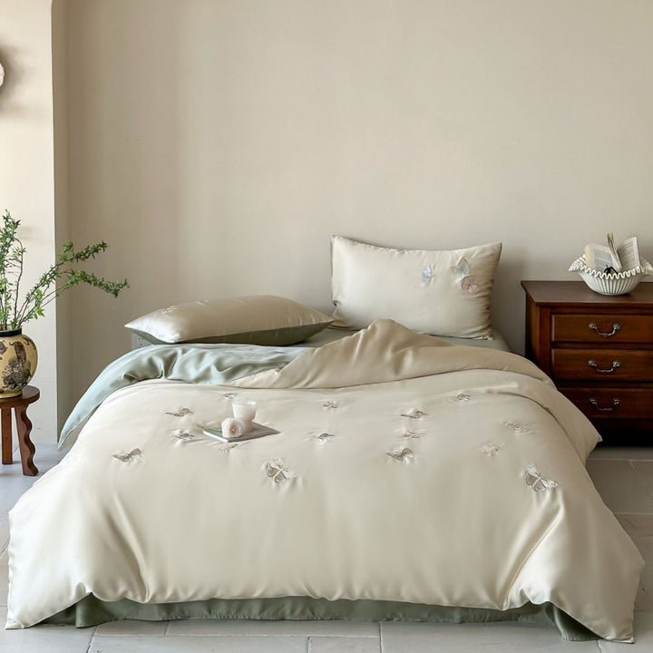 Luxury satin duvet cover set with embroidered butterfly appliqués