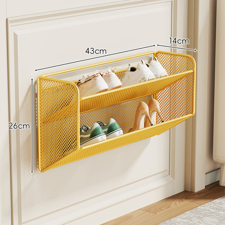 Wall-Mounted Fold-Down Mesh Shoe Shelf Organizer for Slim Entryways