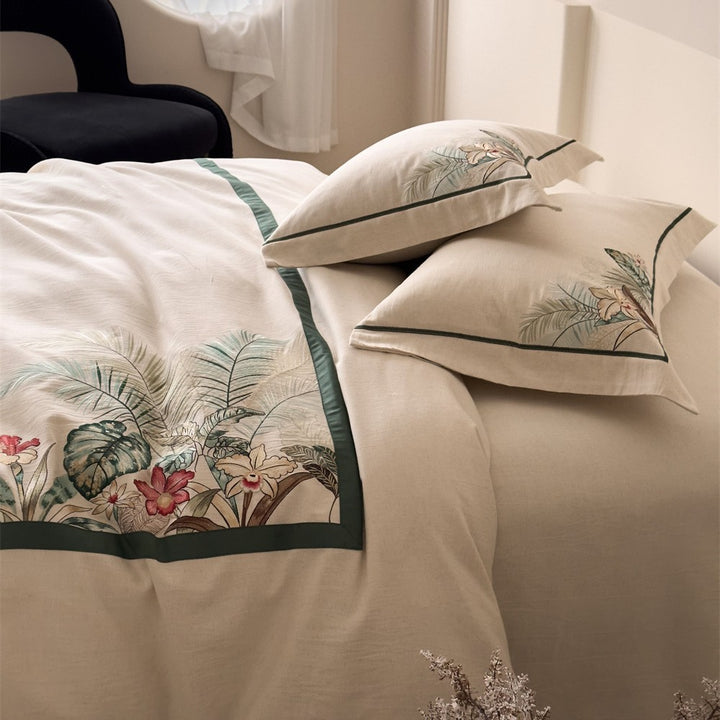 Bedding set with exotic landscape print and cotton-linen blend
