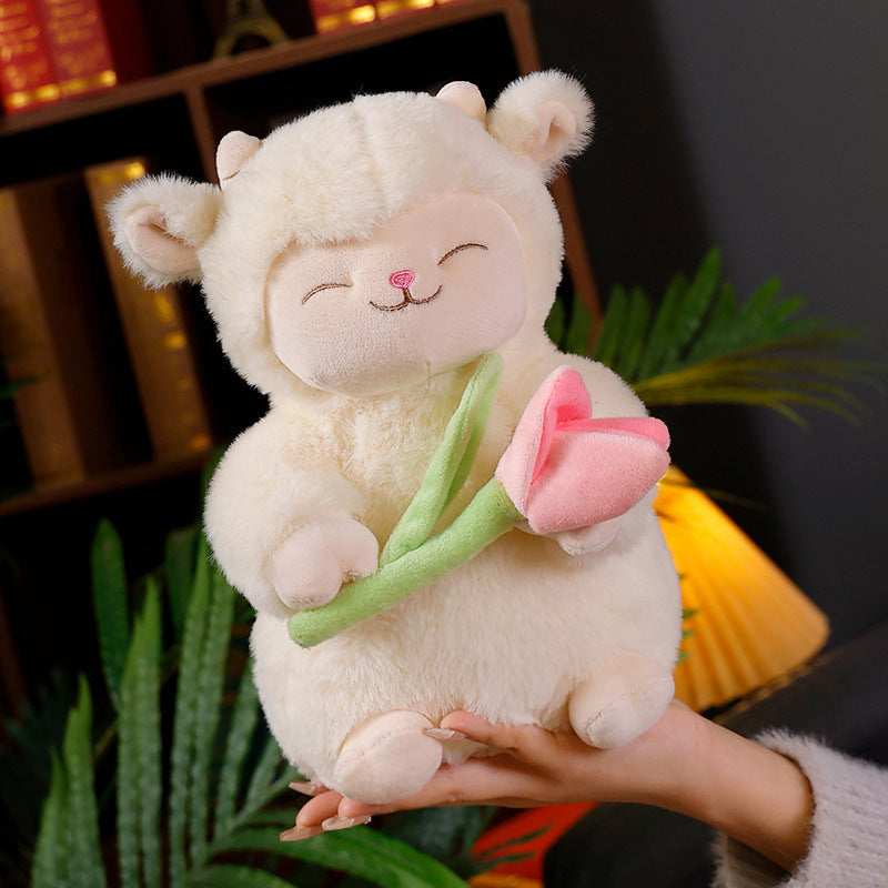 Sitting Lamb Plush Cuddle Doll with Weighted Huggable Core and Removable Tulip Accessory Kalsten