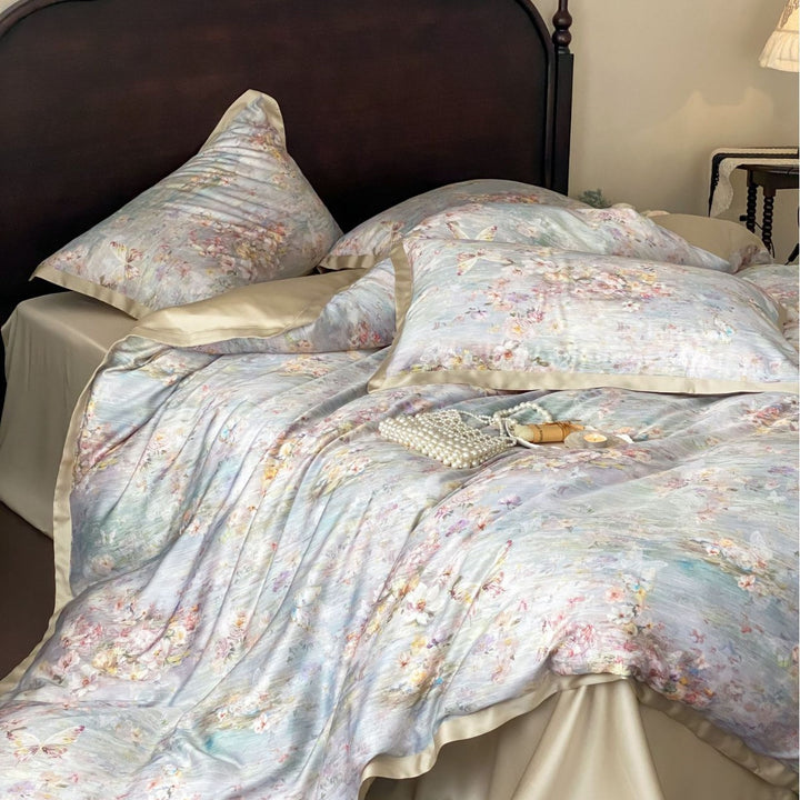 Luxurious satin bedding with floral watercolor print