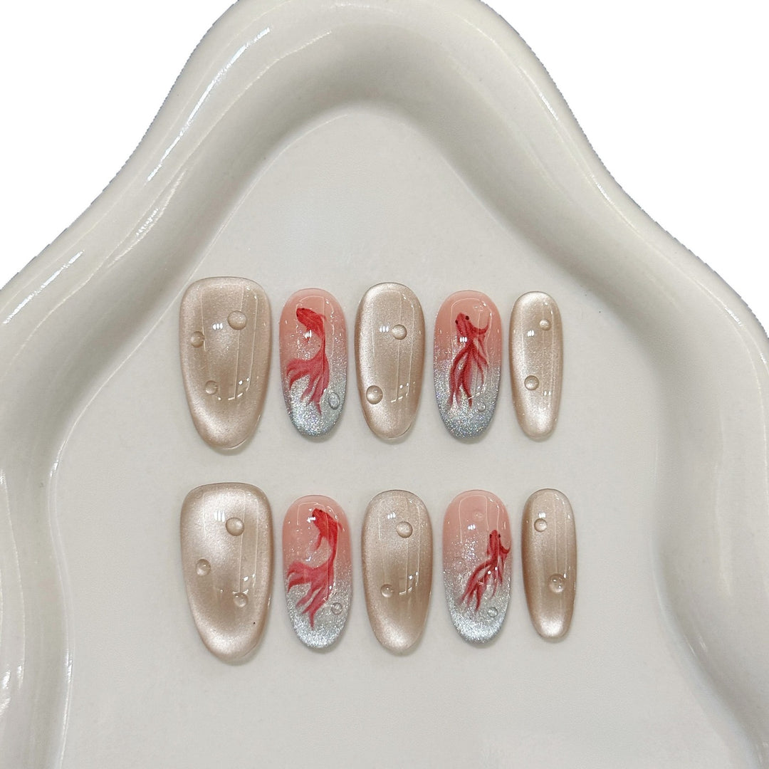 Artistic Press-On Nail Set with Unique Fish Design
