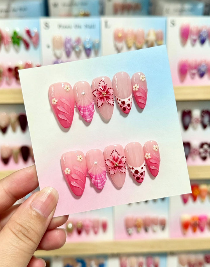 Artistic Press-On Nail Set with Floral and Green Accents