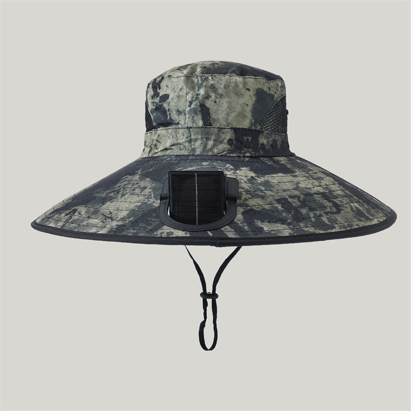 Wide-brimmed outdoor sun hat with solar-powered micro fan, breathable mesh and adjustable chin strap Kalsten