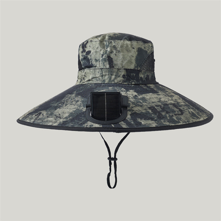 Wide-brimmed outdoor sun hat with solar-powered micro fan, breathable mesh and adjustable chin strap Kalsten