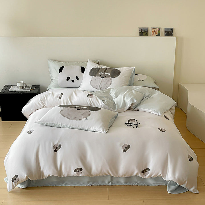 Reversible cotton satin bedding set with minimalist panda faces