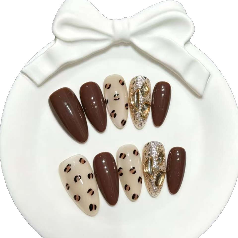 Artistic Press-On Nail Set with Rhinestone and Leopard Design