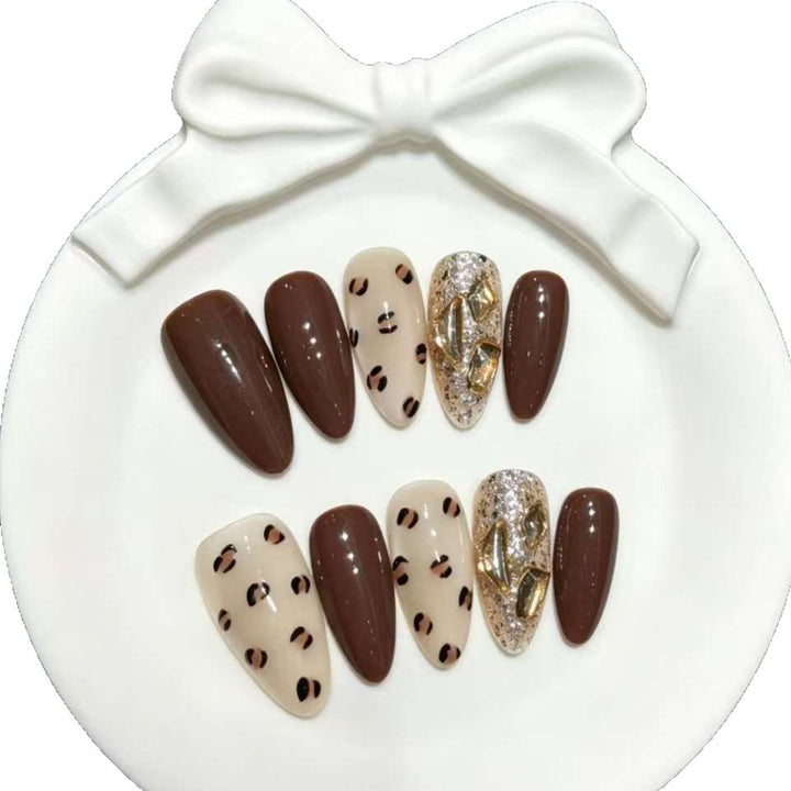 Artistic Press-On Nail Set with Rhinestone and Leopard Design