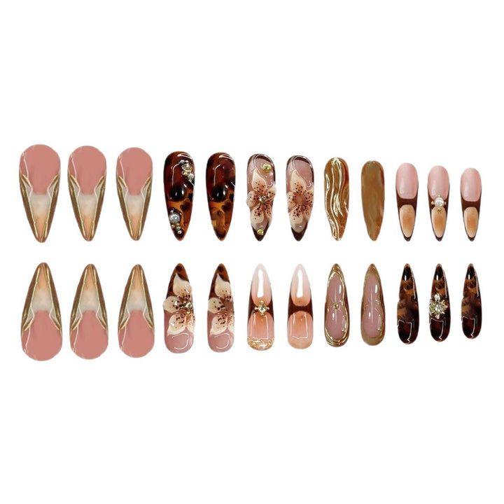 Decorative Stiletto Press-On Nails with Floral and Metallic Accents Kalsten