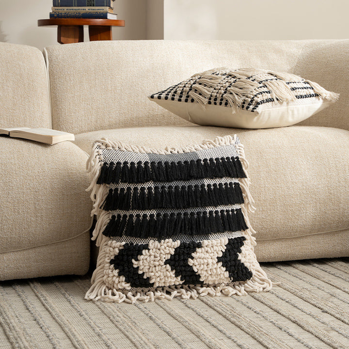 Decorative Boho cushion with cotton tufting, fringes and tassels