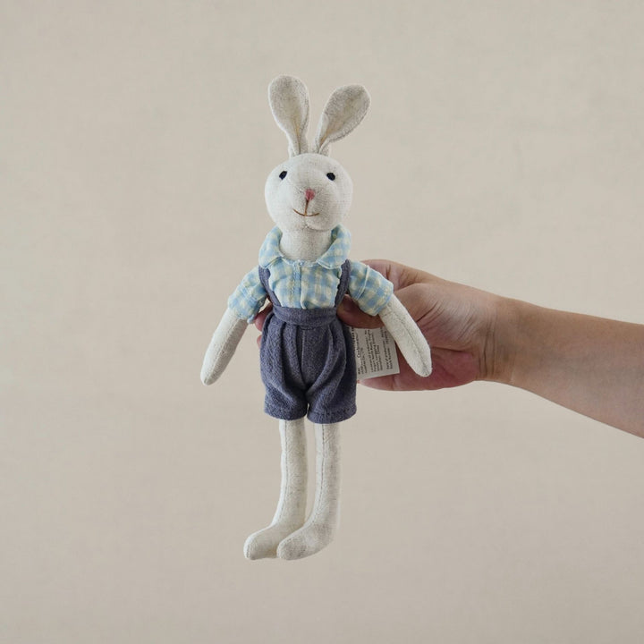 Handcrafted Floppy-Eared Linen Bunny Doll with Embroidered Face and Check Overalls