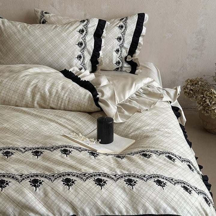 Luxurious bedding set with ruffles and fine embroidery