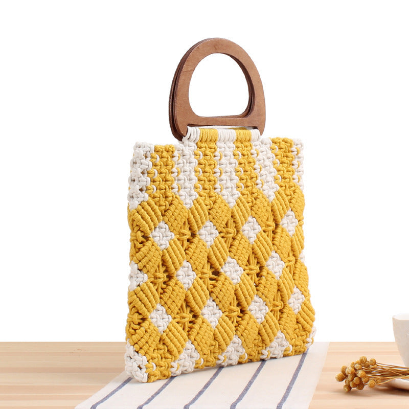 Macrame Tote Bag with Wooden Handles and Floral Details Kalsten
