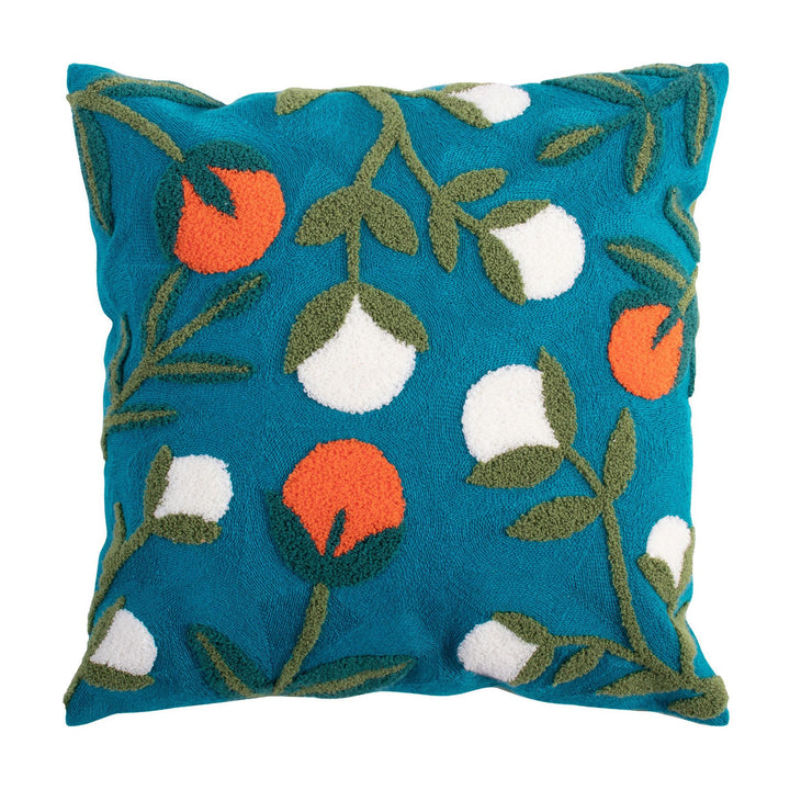 Woven decorative pillow cover with hand-tufted floral appliqués and bouclé relief