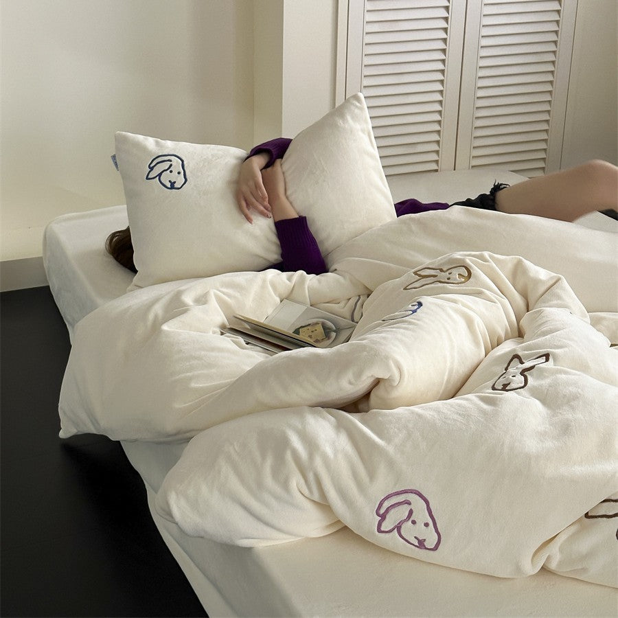 cozy fluffy microfiber bedding set with embroidered rabbit motifs
