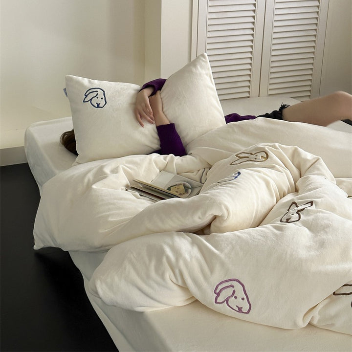 cozy fluffy microfiber bedding set with embroidered rabbit motifs