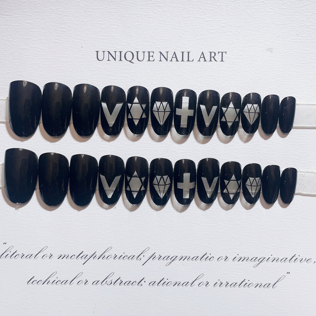 Artistic Press-On Nail Set with Geometric and Symbolic Designs