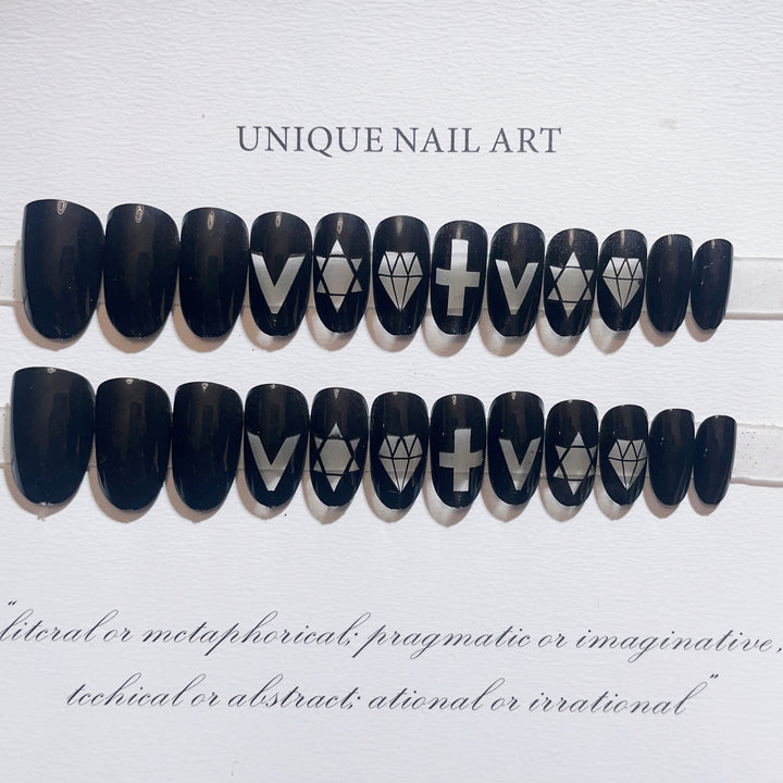 Artistic Press-On Nail Set with Geometric and Symbolic Designs
