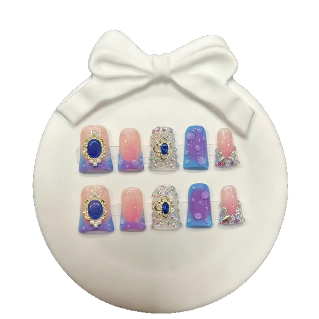 Artistic Premium Press-On Nail Set with Decorative Gem Accents
