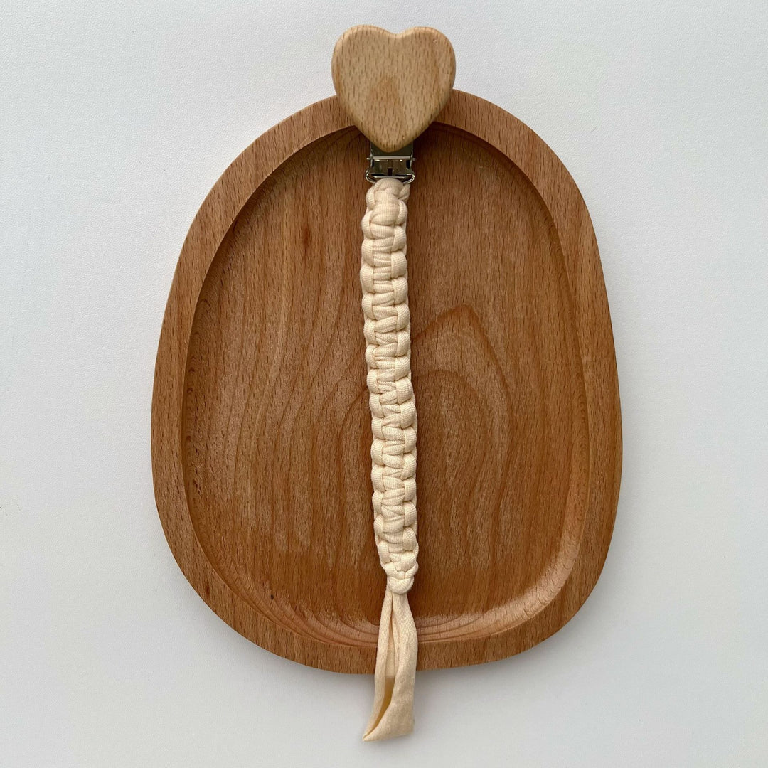 Braided Fabric Pacifier Clip with Wooden Heart Safety Clamp
