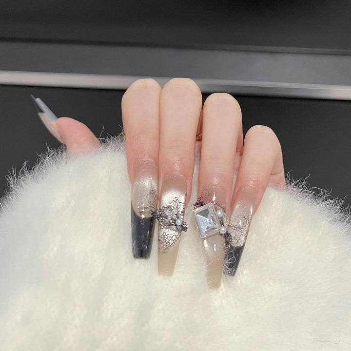 Artistic Press-On Nail Set with Unique Lace and Gemstone Accents Kalsten