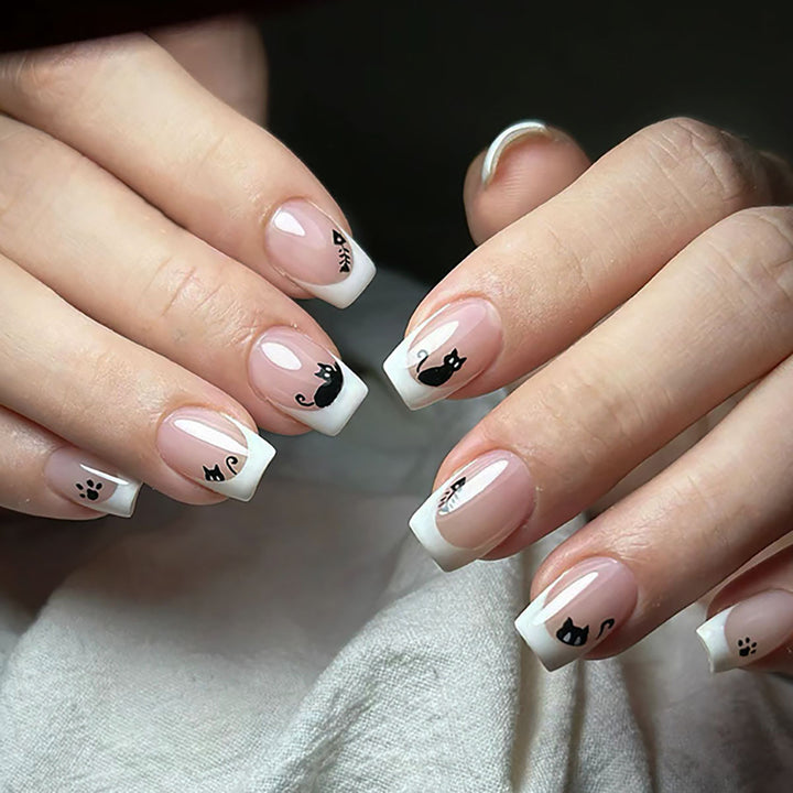 Cat-Themed French Tip Nail Art