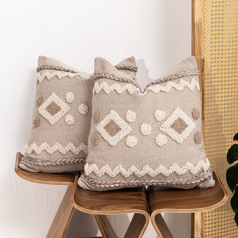 Textured Boho Geometric Tufted Throw Pillow with Braided Edge and Removable Zip Cover