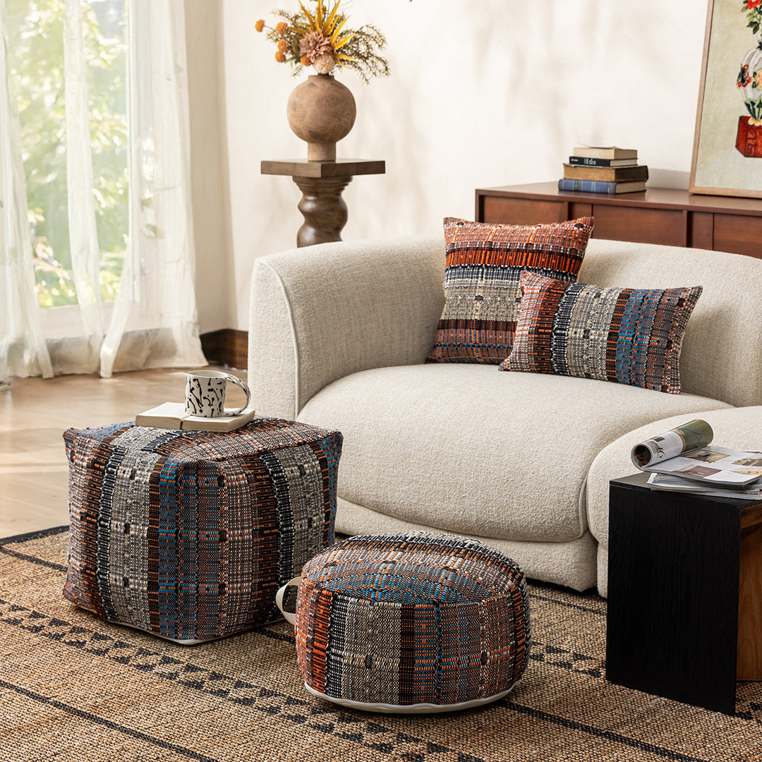 Beef woven pouf seat stool with carrying handle and canvas bottom