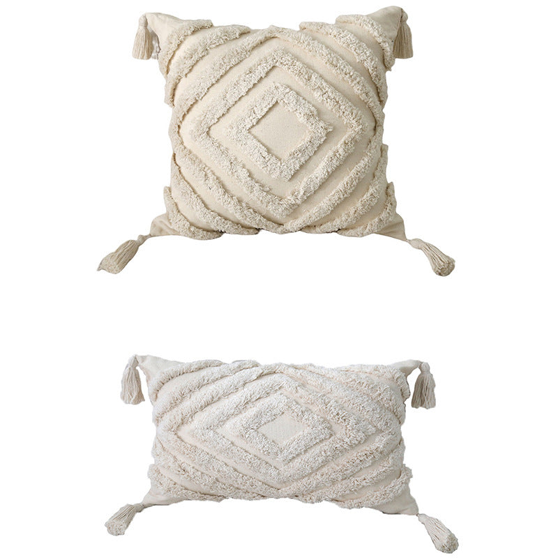 Decorative Boho Tassel Throw Pillow with Textured Diamond Tufting