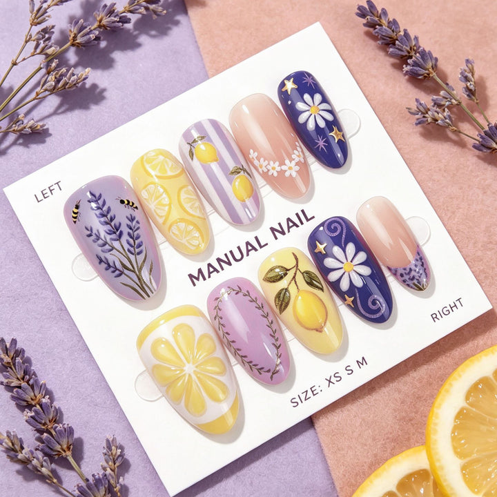 Manual Nail Art Set with Floral and Lemon Designs