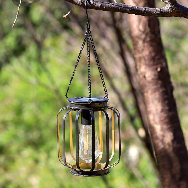 Solar Hanging Outdoor Lanterns With Vintage-Style LED Filament Bulb And Metal Cage Waterproof Suspension Kalsten