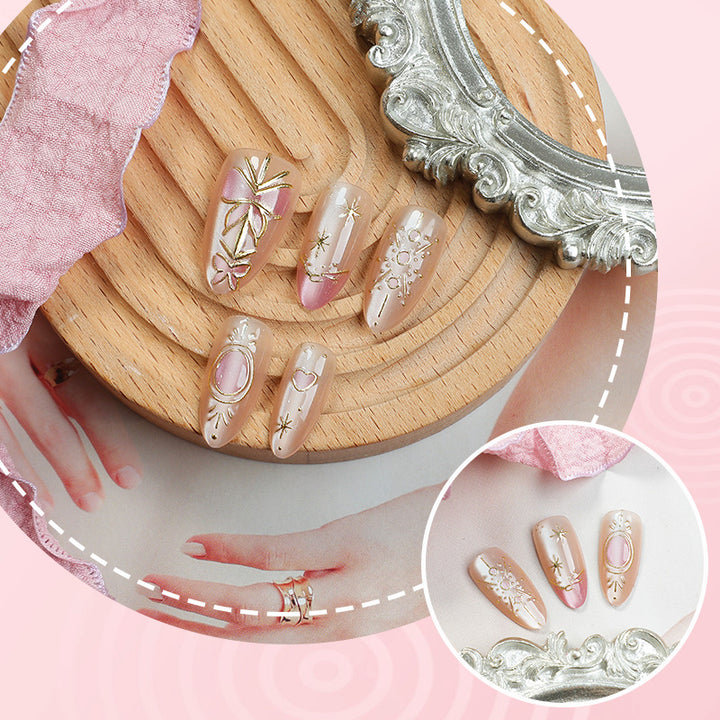 Decorative Press-On Nail Art Set with Floral and Metallic Accents