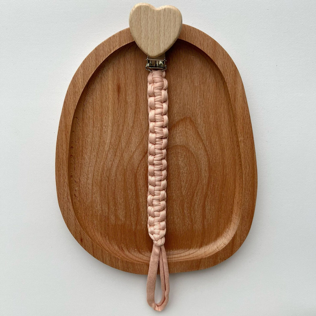 Braided Fabric Pacifier Clip with Wooden Heart Safety Clamp