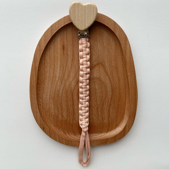 Braided Fabric Pacifier Clip with Wooden Heart Safety Clamp