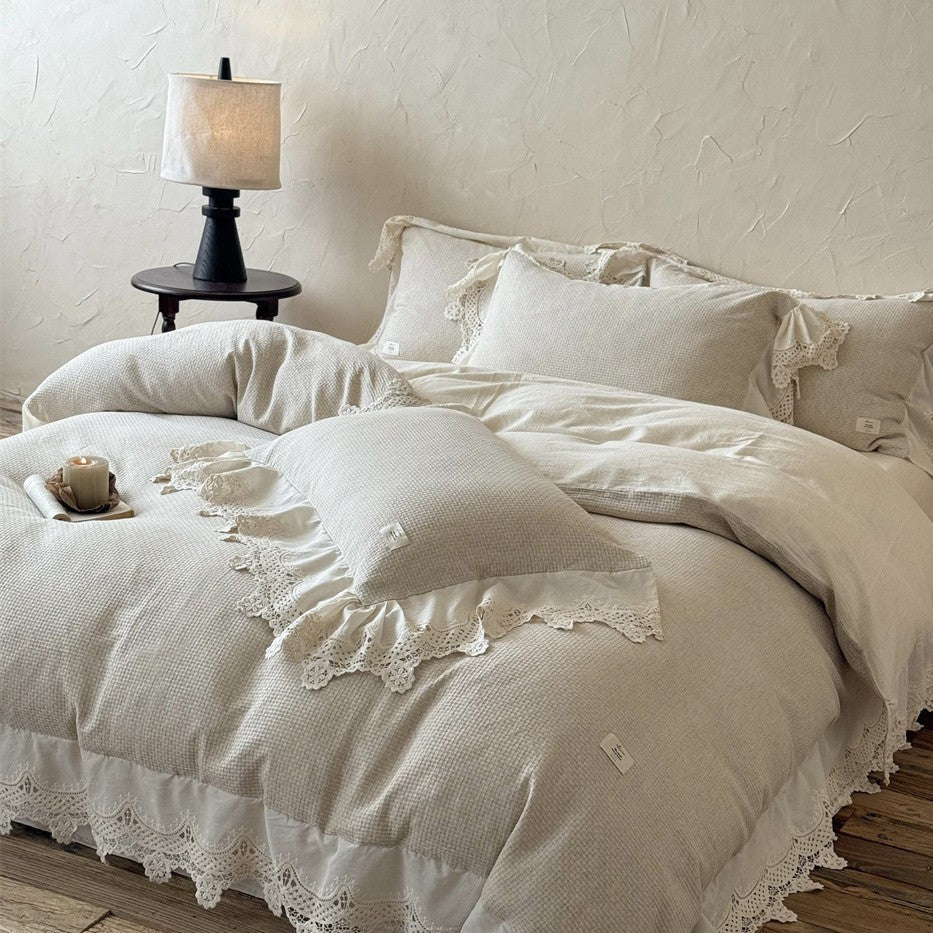Romantic cotton-linen bedding set with crocheted lace trim and ruffle