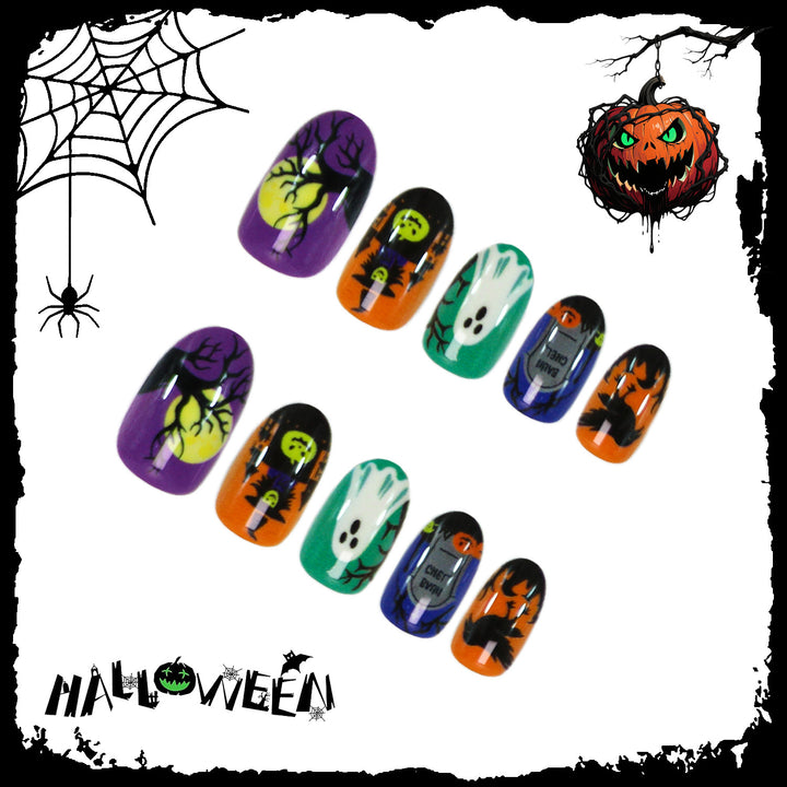 Halloween Artificial Nail Set with Spooky Ghost, Pumpkin, and Spider Pattern Kalsten