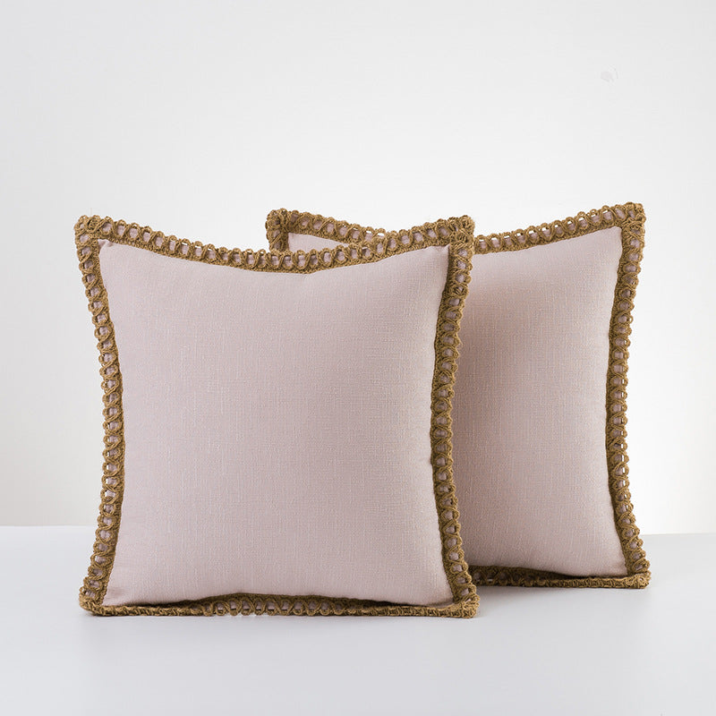 Decorative Linen Throw Pillow Pair with Braided Fringe Trim
