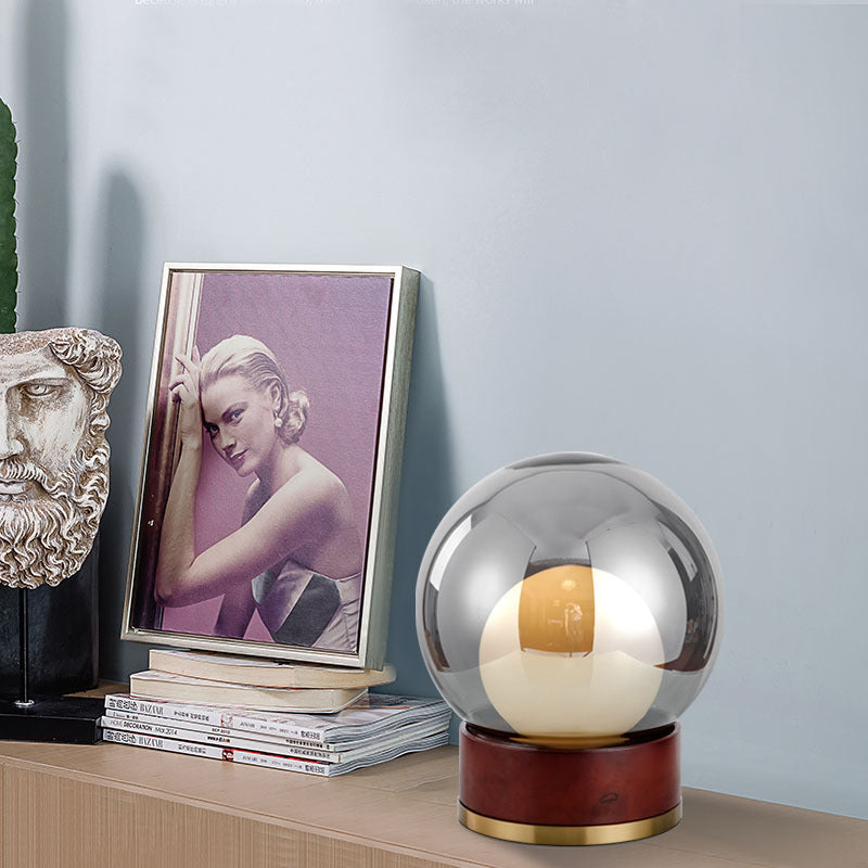 Modern Glass Table Lamp with Wooden Base and Gold Accents