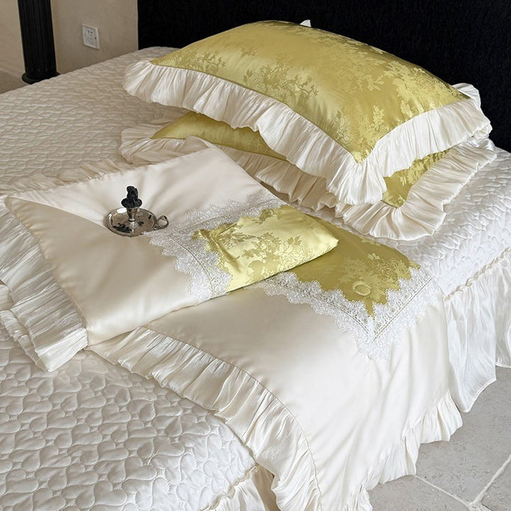 Elegant bedroom set: Jacquard satin bedspread with decorative ruffle and lace trim