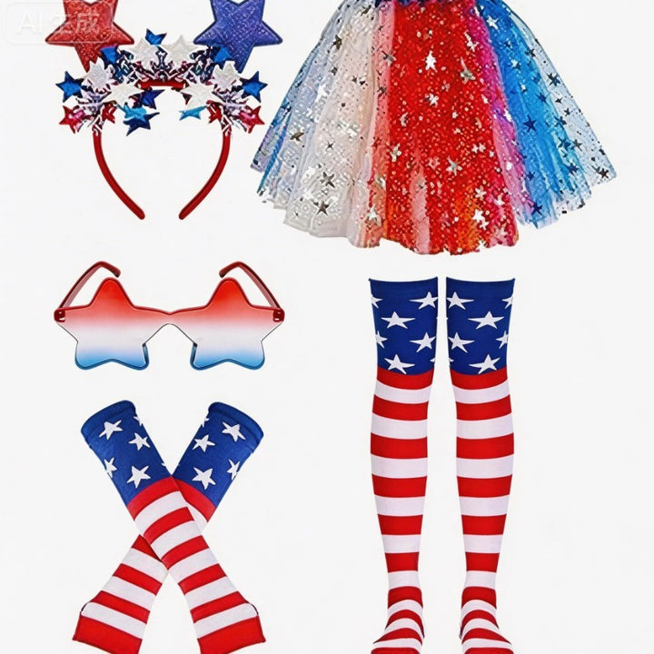 Women's Independence Day tulle tutu skirt with oversized bow headband over-the-knee star-striped stockings and matching arm sleeves Kalsten
