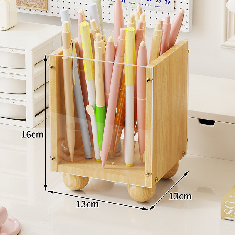 Wooden Desktop Pen & Stationery Organizer with Smoked Acrylic Panel and Rounded Feet