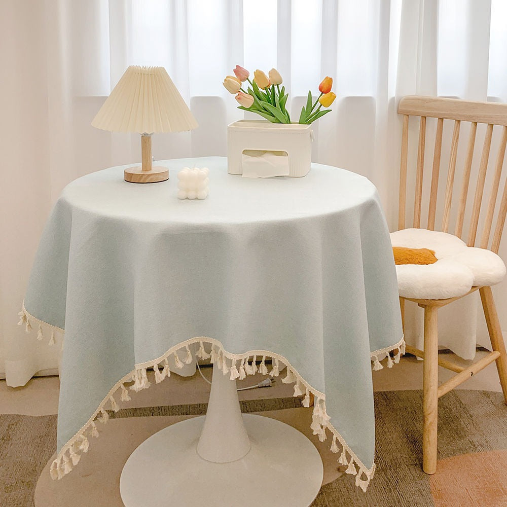 Round Textured Tassel-Trim Tablecloth with Linen-Feel Draped Finish