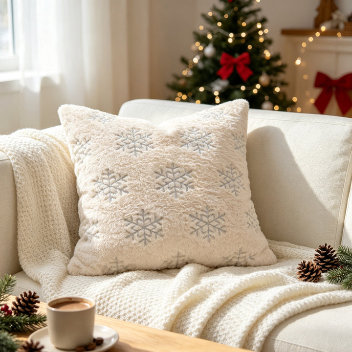 Embroidered Faux Fur Evergreen Decorative Throw Pillow Cover
