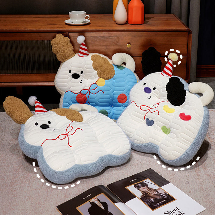 Padded plush dog-shaped cushion with ergonomic seating recess