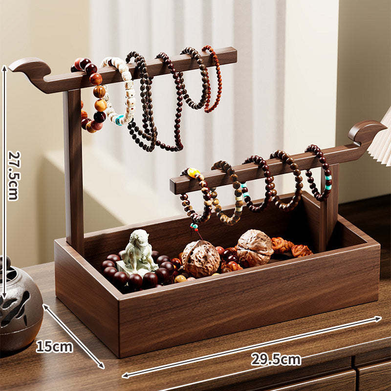 Double-Tier Wooden Bracelet and Prayer Bead Display Stand with Storage Tray