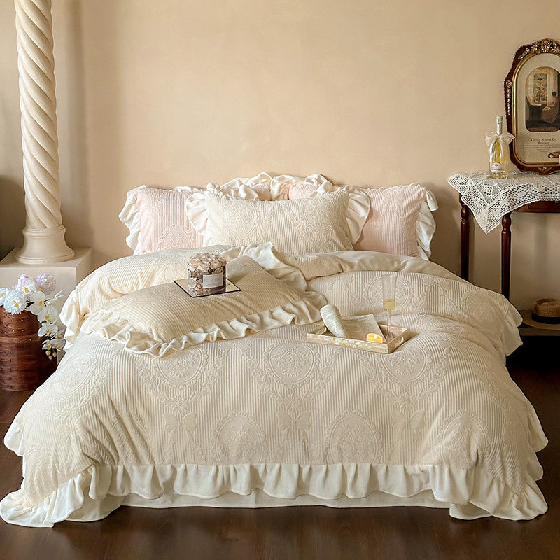 Ruffled quilted bedding set with jacquard medallion and ruffle